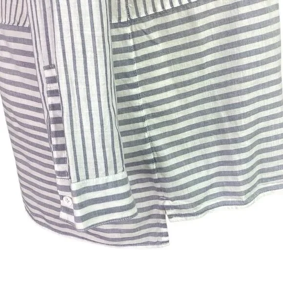 J Jill Fit Top Women L Gray White Cotton Stripe Roll Tab Sleeve High Low Tunic - Picture 6 of 11